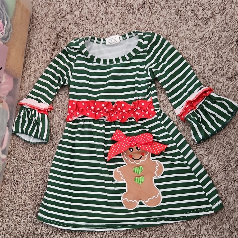 Green Striped Dress with Gingerbread Design